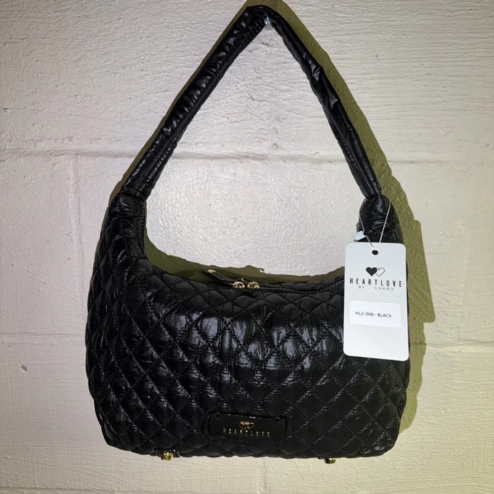 HeartLove by Charo Black Quilted Puffer‎ Hobo Bag Recycled Vegan Leather NWT